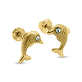 14E00394. - 14 Karat Yellow Gold Dolphin Clear CZ Screw Back Earrings