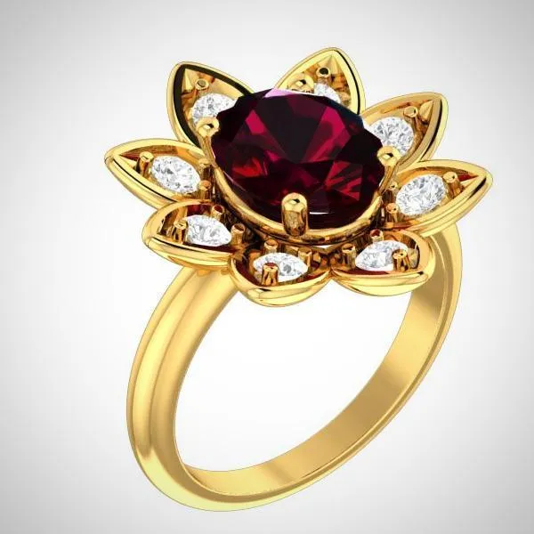 14K Yellow Gold Natural Garnet and Diamond Flower Ring