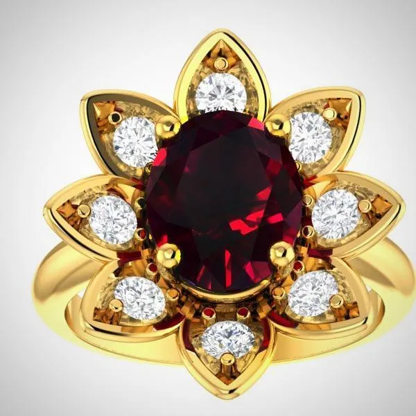 14K Yellow Gold Natural Garnet and Diamond Flower Ring