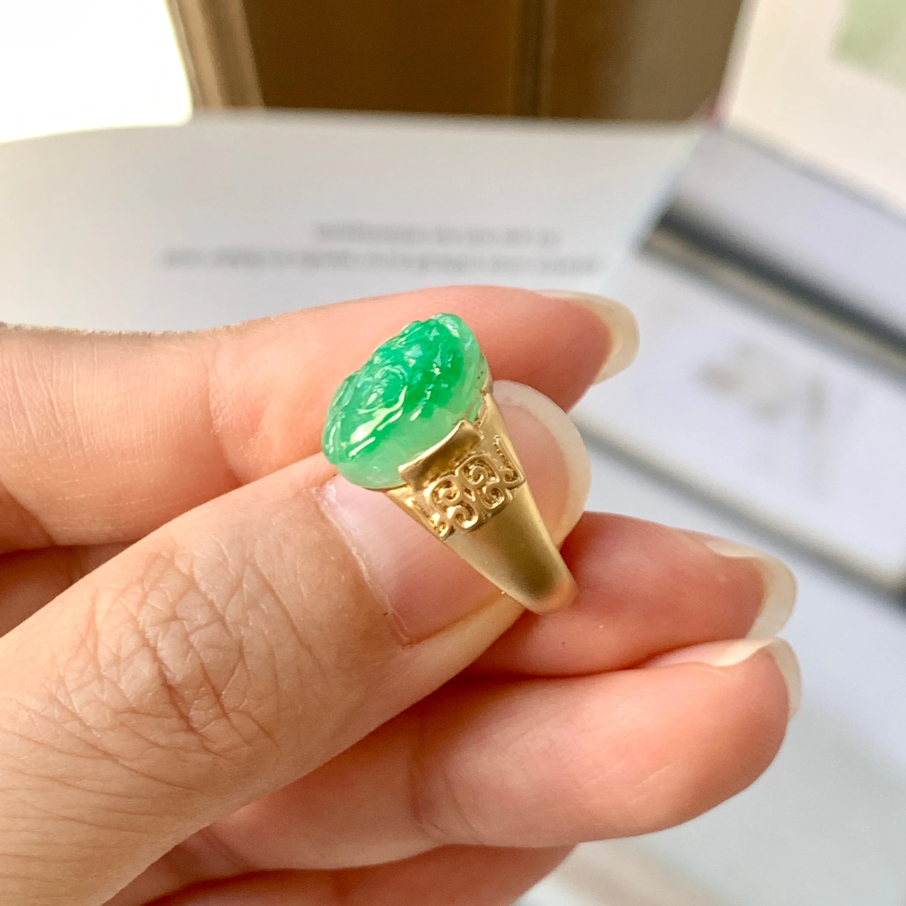 16.3mm A-Grade Natural Moss on Snow Jadeite Pixiu Ring No.162307