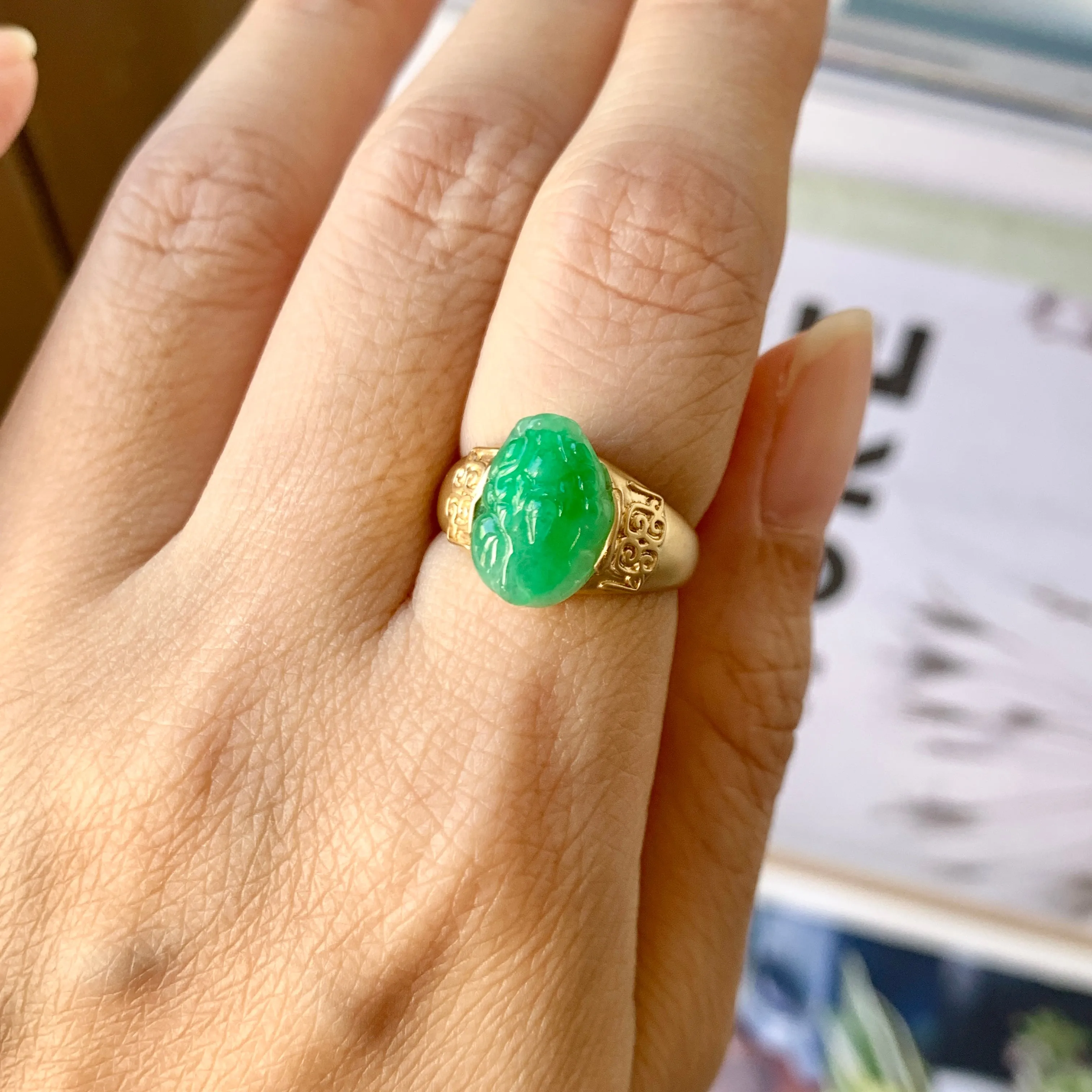 16.3mm A-Grade Natural Moss on Snow Jadeite Pixiu Ring No.162307