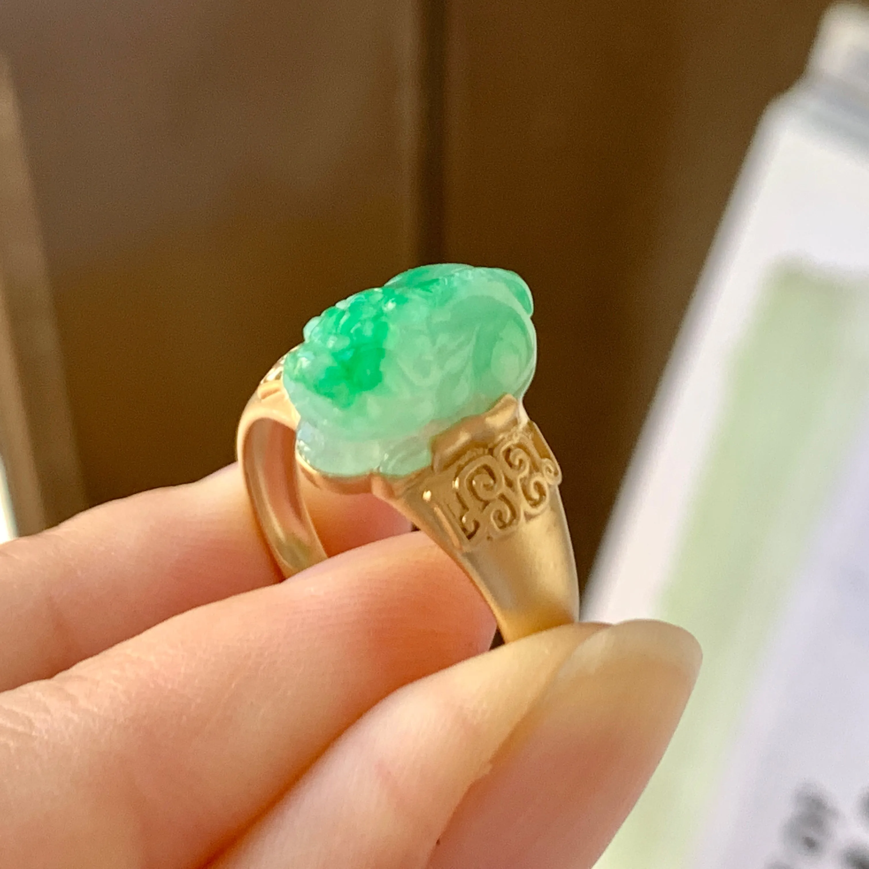 18.5mm A-Grade Natural Moss on Snow Jadeite Pixiu Ring No.162306