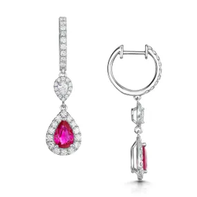 18ct White Gold Pear Cut Ruby And Diamond Halo Drop Earrings