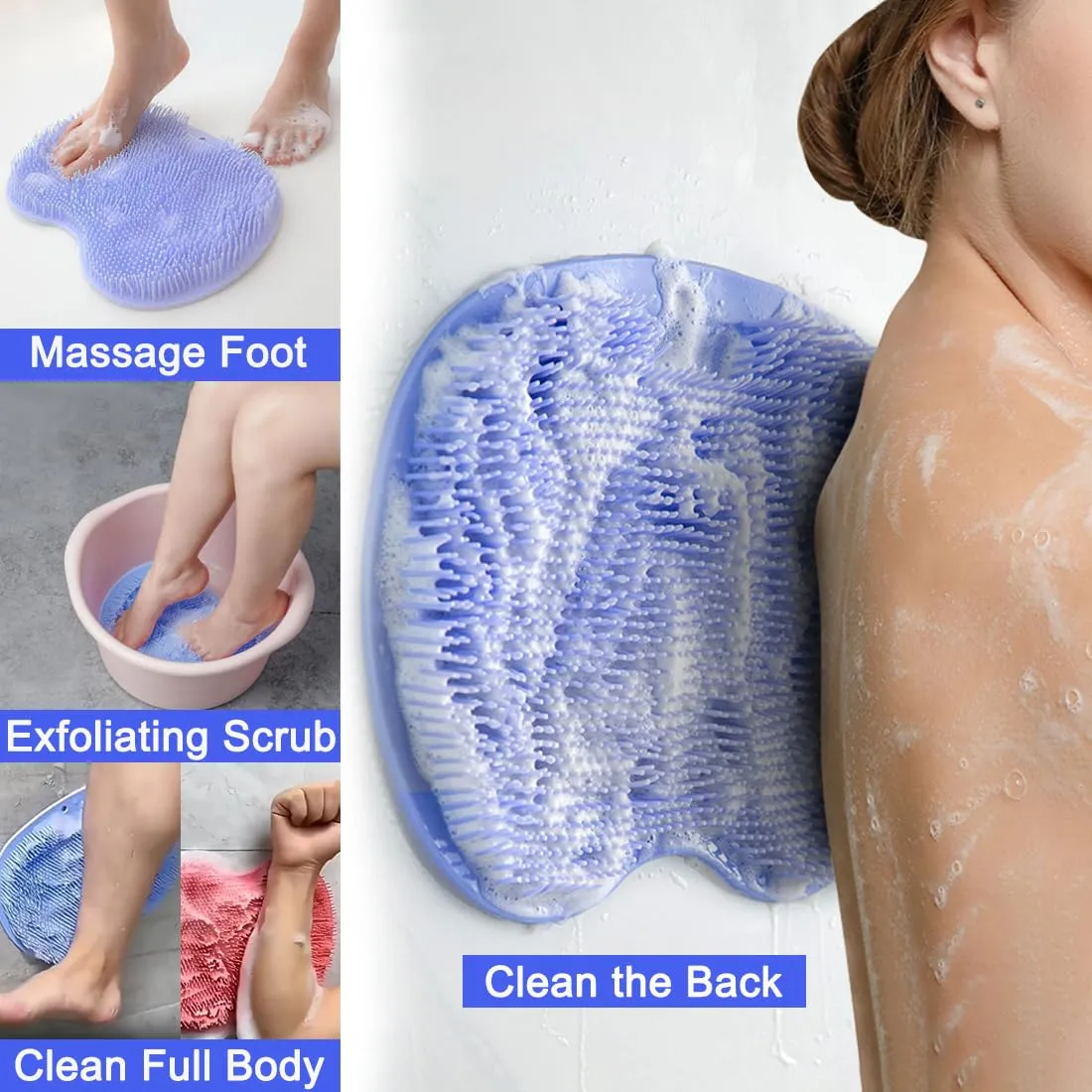 2 PCS Shower Foot & Back Scrubber Mat Hands Free Foot Massager Mat with Non-Slip Suction Cups, Wall Mounted Silicone Bathroom Wash Foot Pad Exfoliating Dead Skin Foot Brush