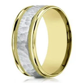 8mm Men's Two Tone 14k W&Y Gold Hammered Center Wedding Ring