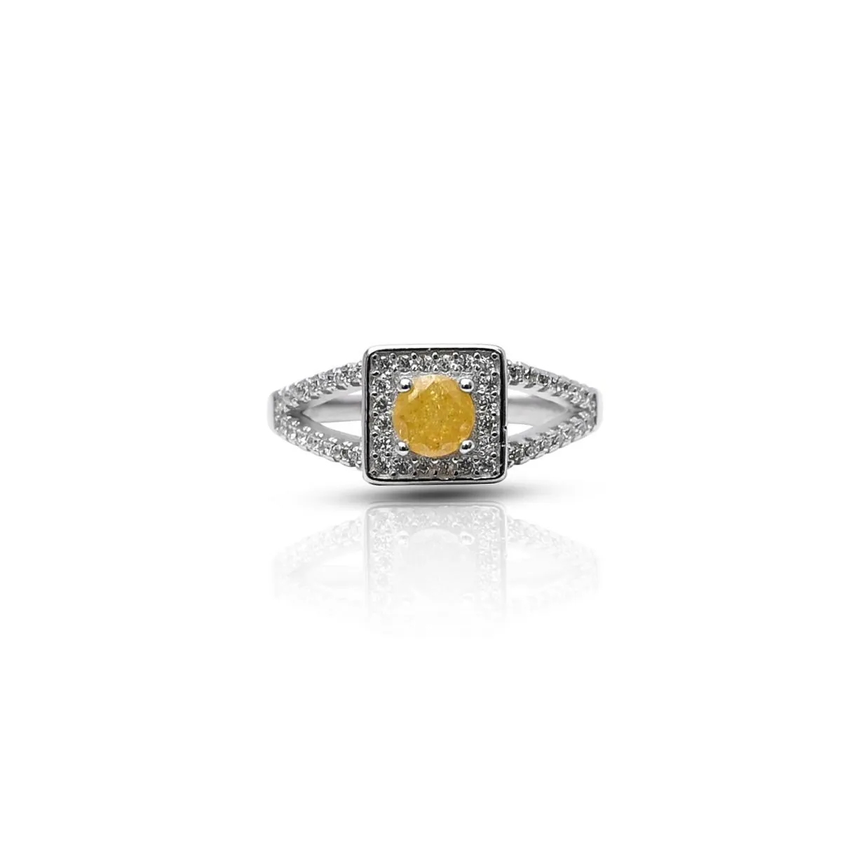 925 Silver Golden Yellow Gem Halo-Style Ring for Girls