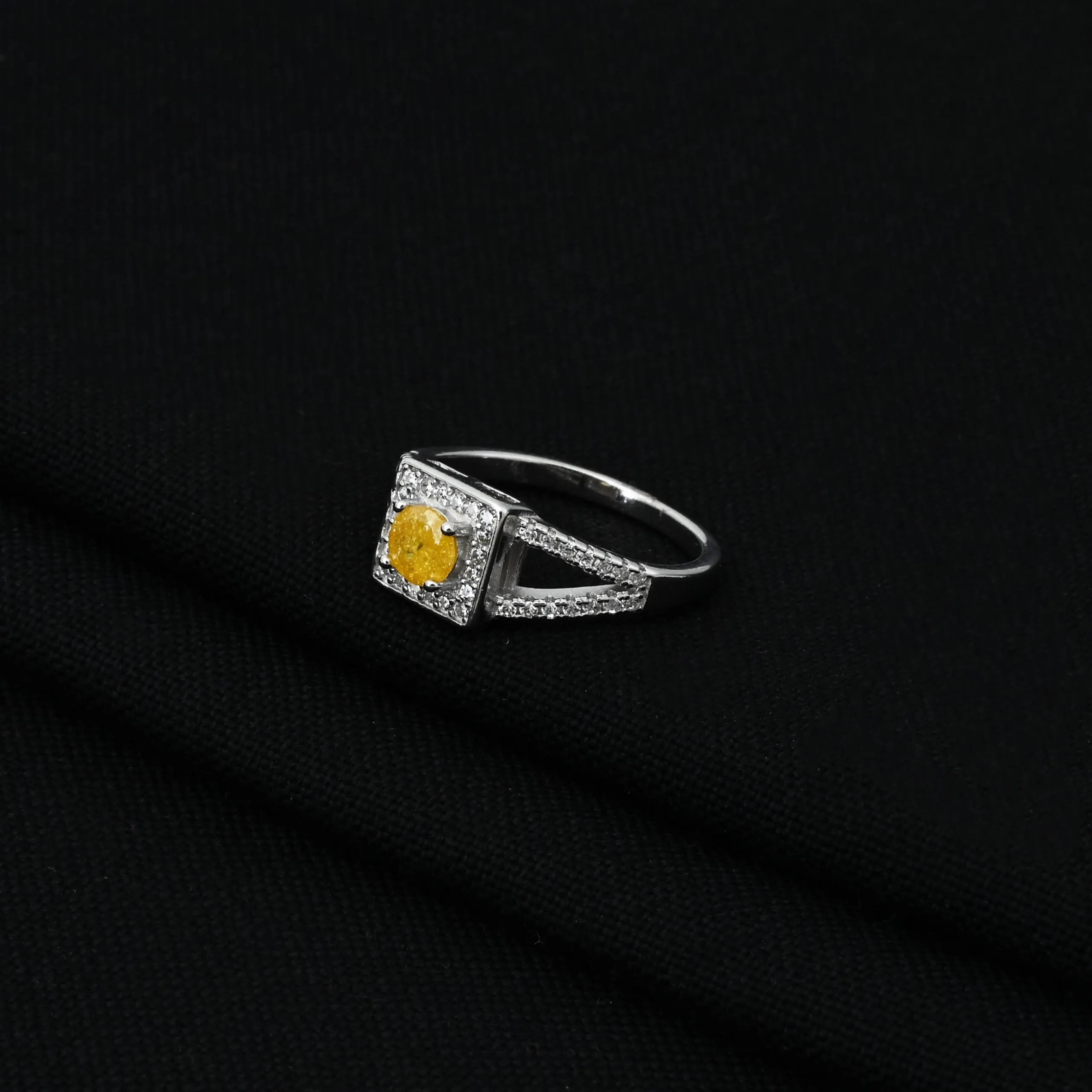 925 Silver Golden Yellow Gem Halo-Style Ring for Girls