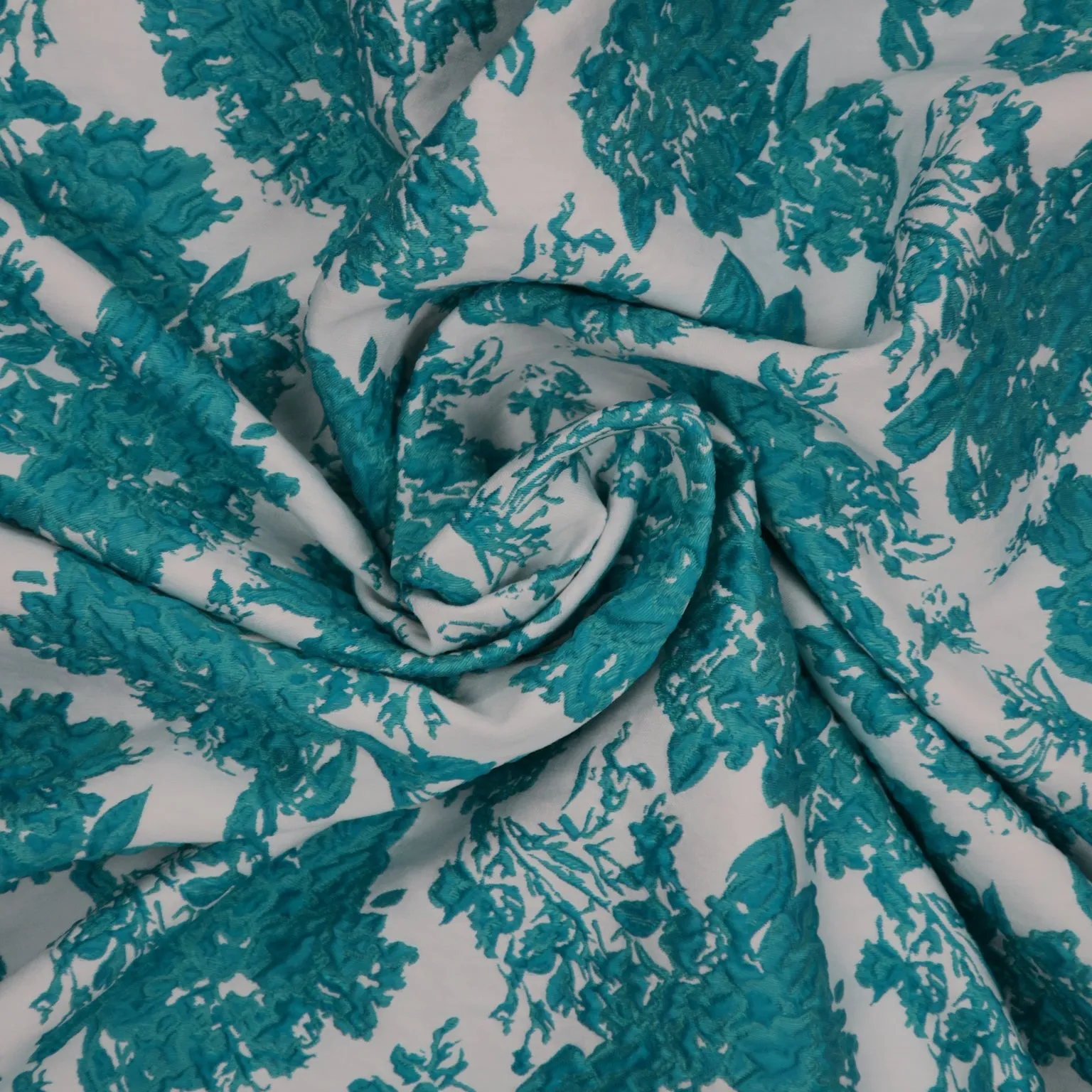 Aqua and White Floral Textured Brocade Fabric