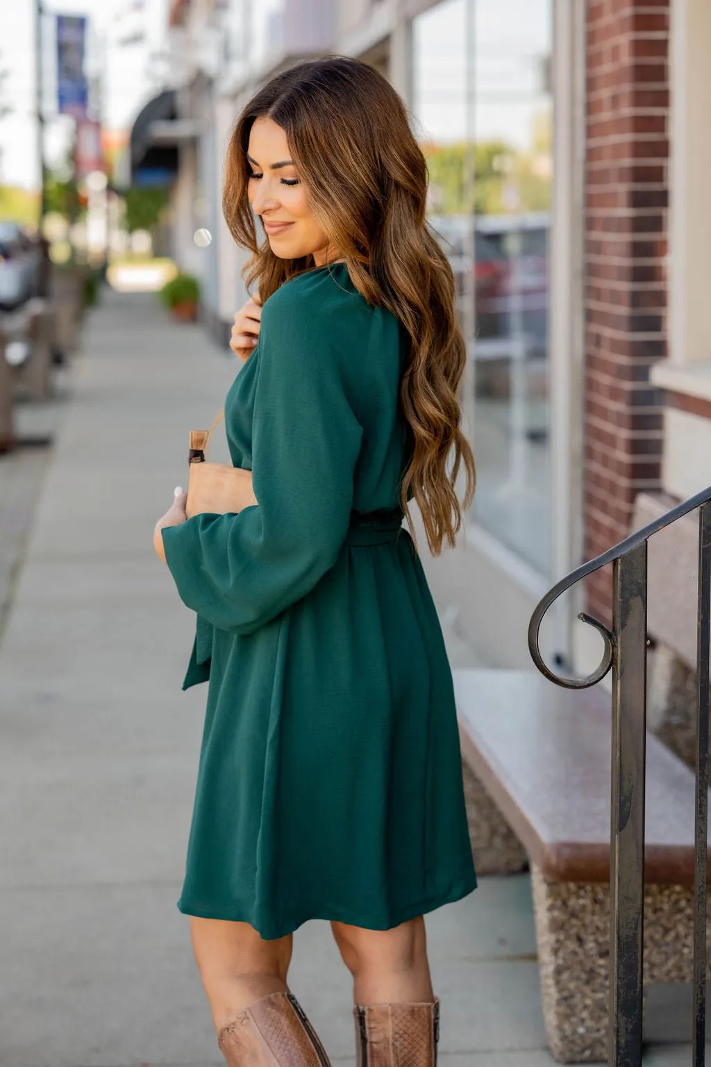 Balloon Sleeve Tie Waist Dress