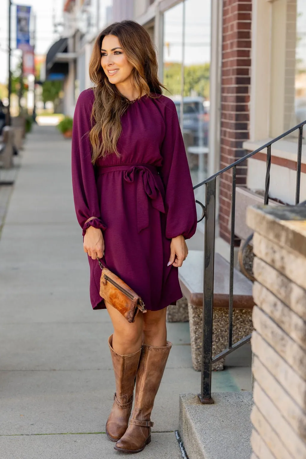 Balloon Sleeve Tie Waist Dress