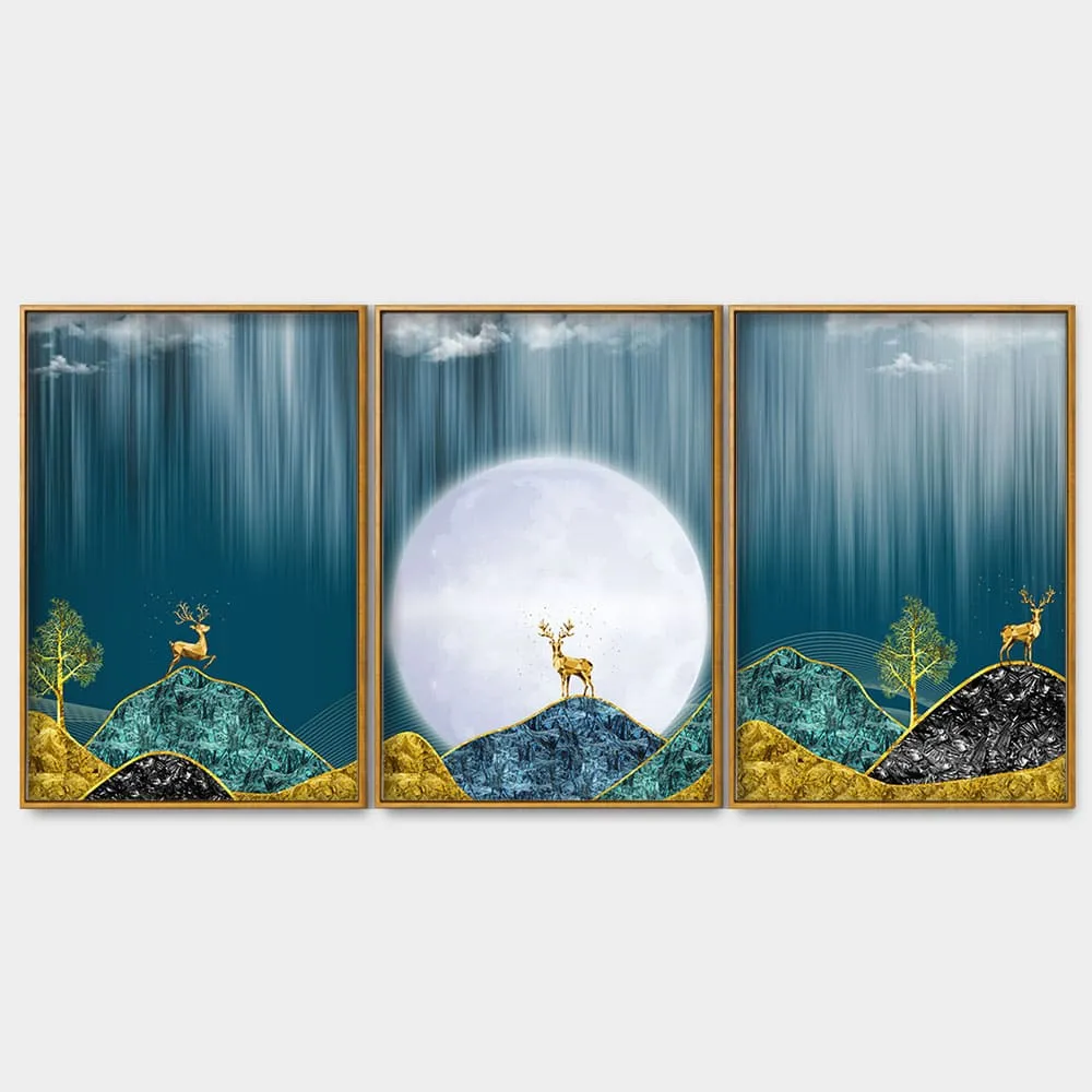 Beautiful Golden Mountains and Deer with Moon Floating Canvas Wall Painting Set of Three