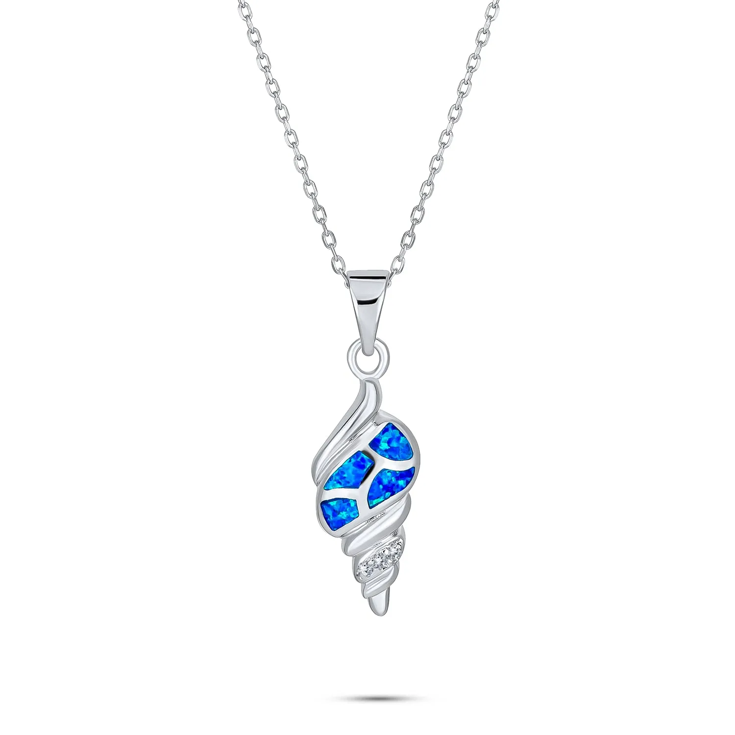 Blue Created Opal Conch Sea Shell Necklace Pendant .925 Sterling Silver