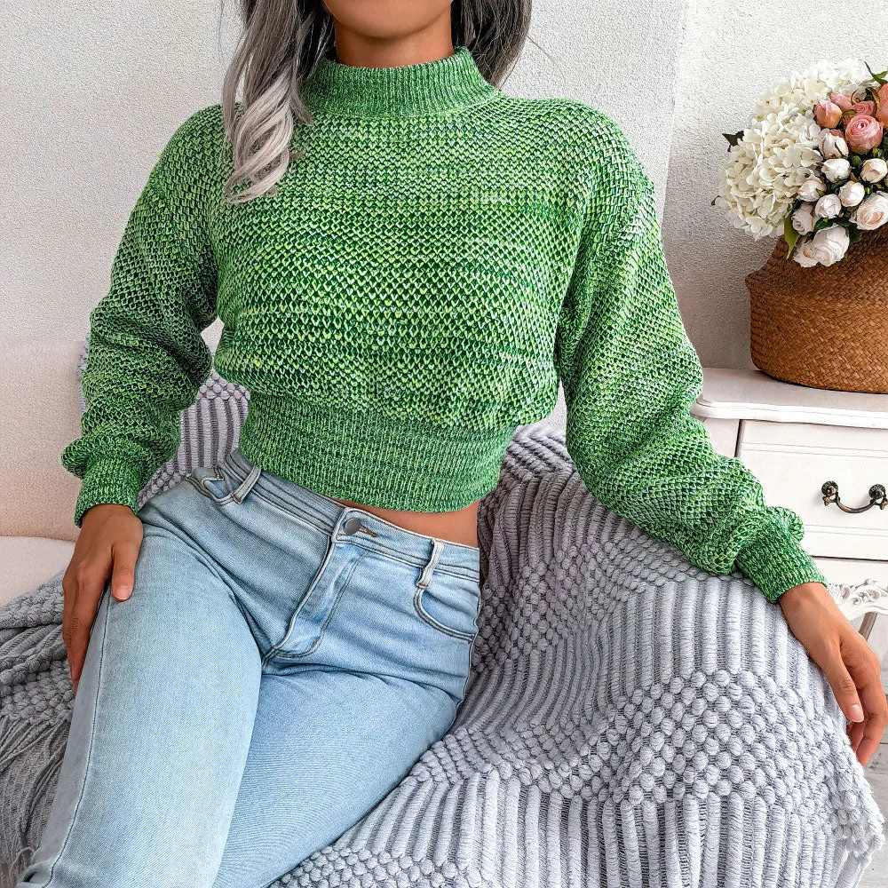 Colorful Marled Knit High Neck Long Sleeve Cropped Sweater