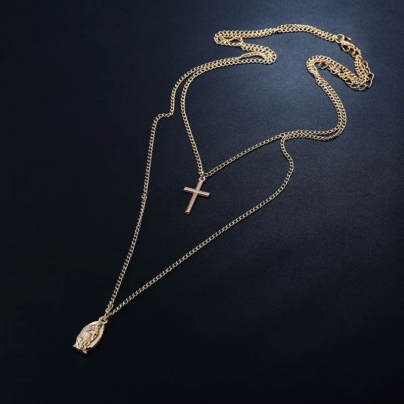 Cross & Pendant Double Layered Necklace