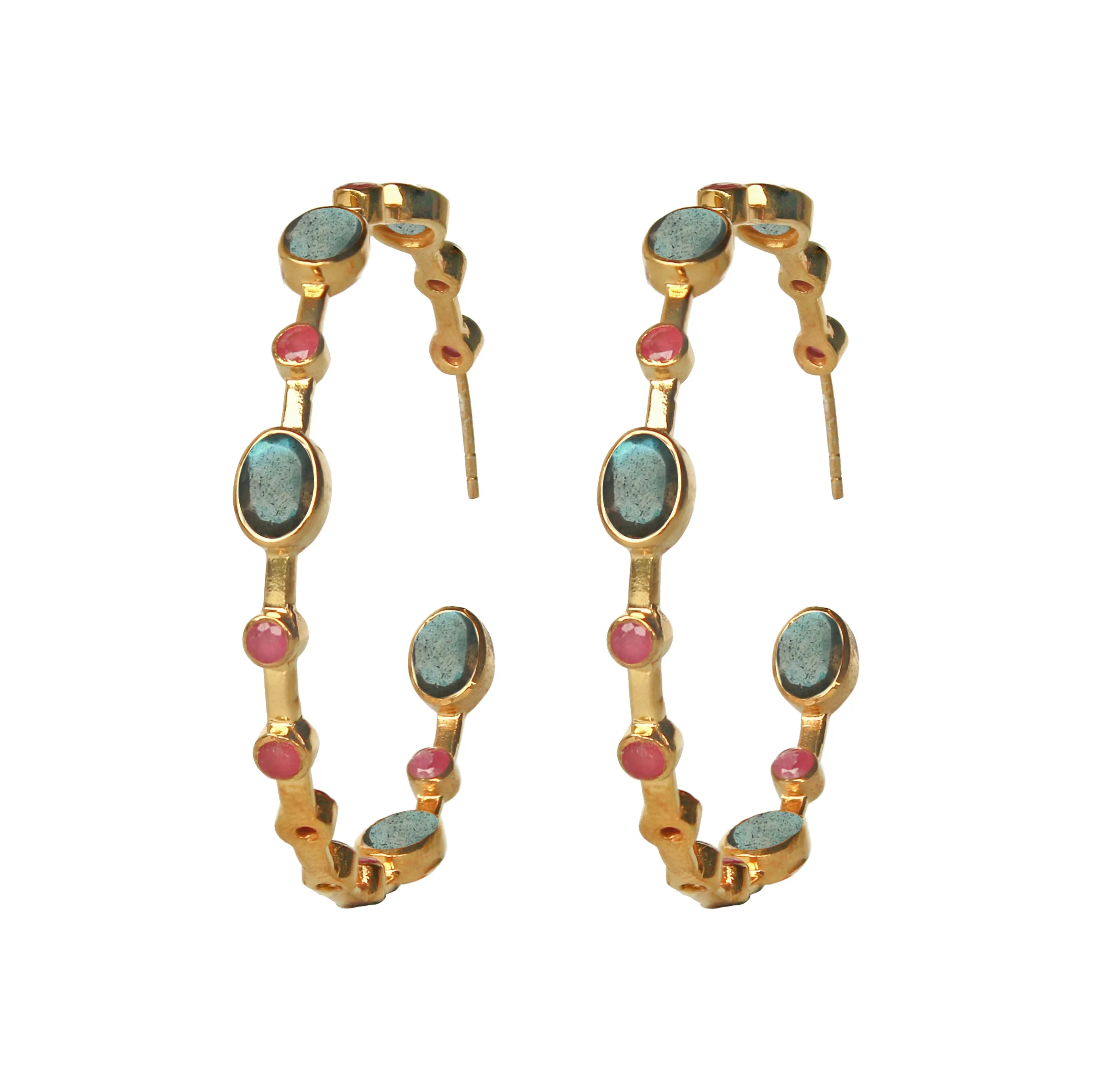 Earrings - Labradorite & Ruby Hoops