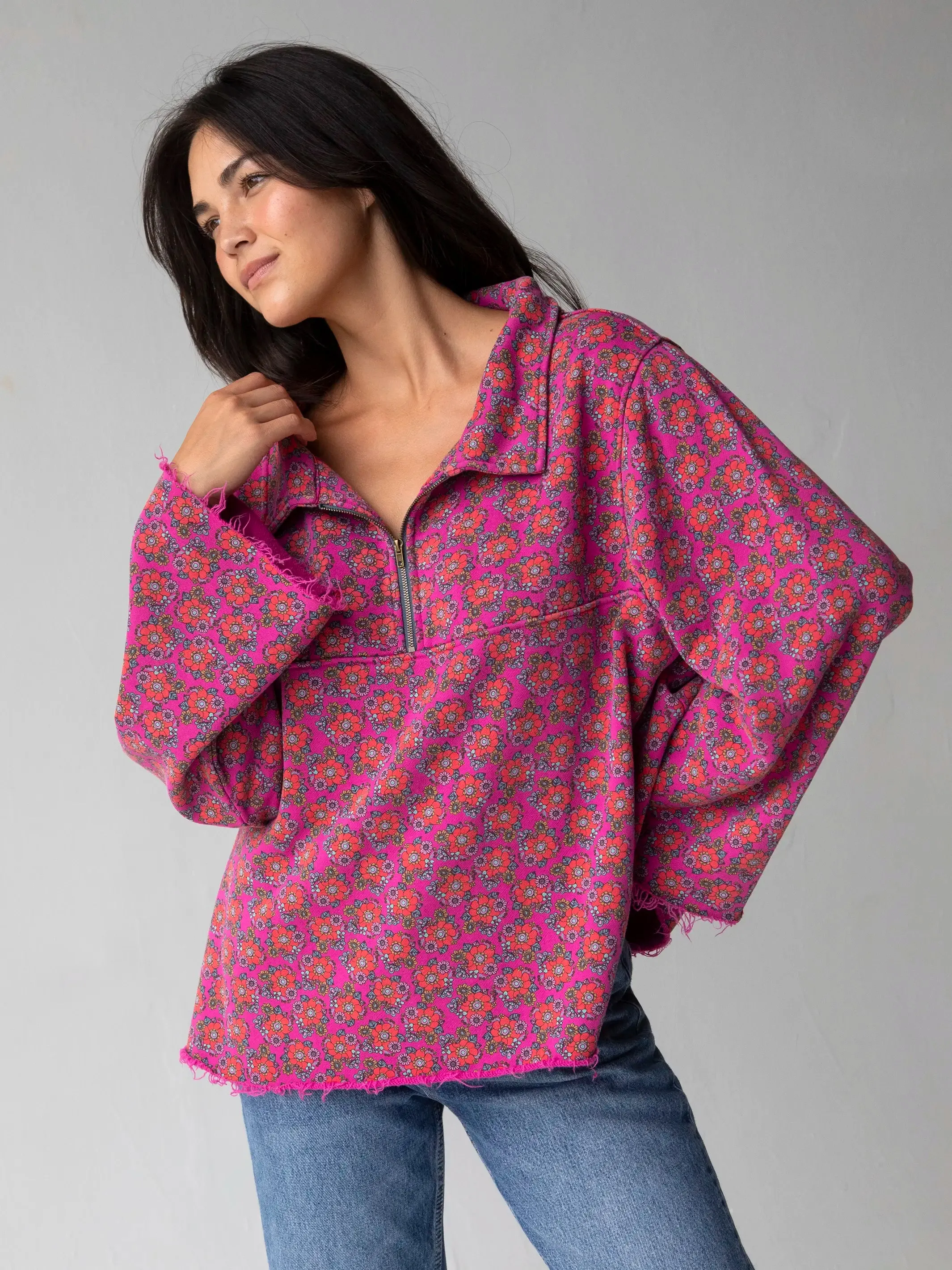 Easy Does It Sweatshirt - Hot Pink Mod Floral