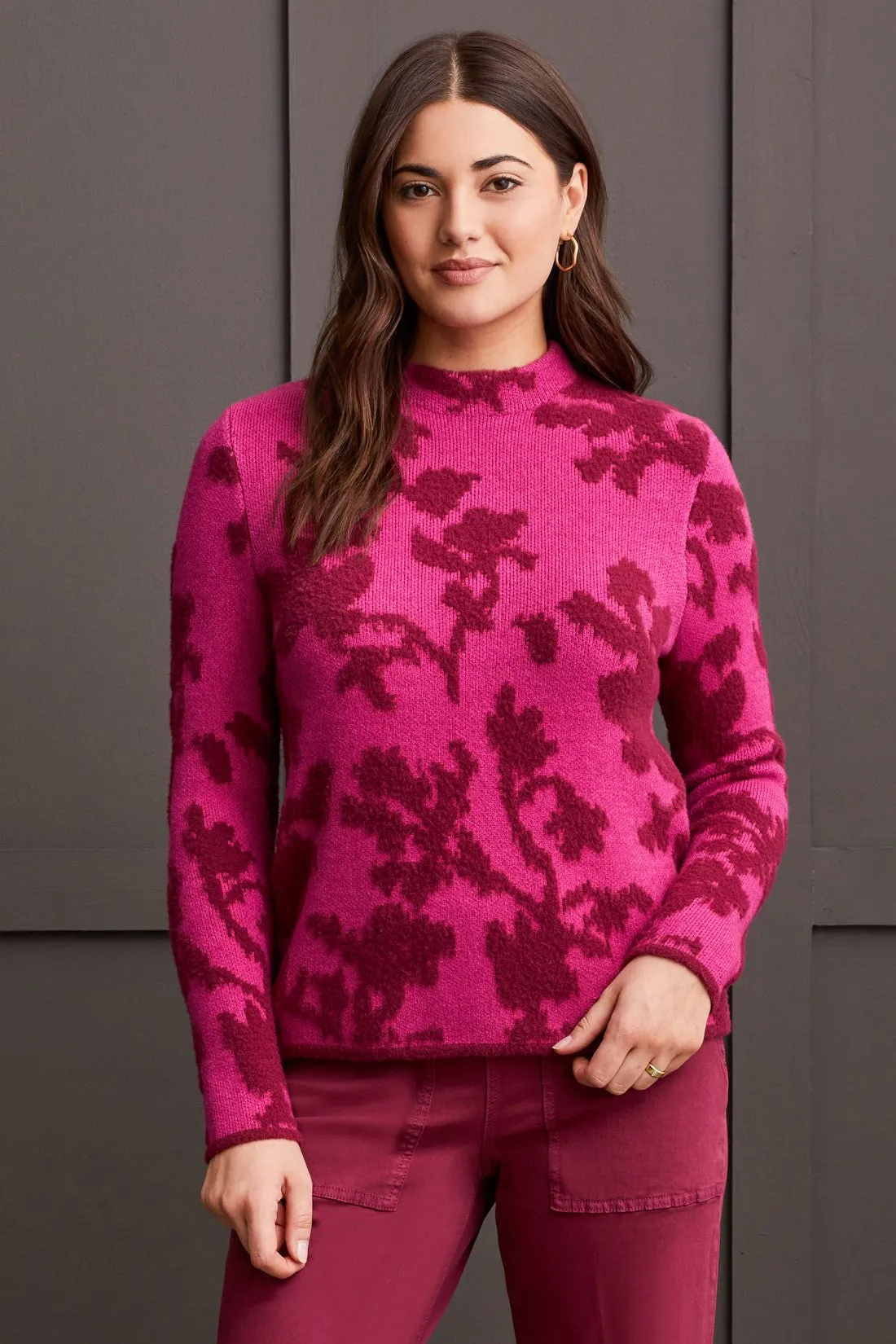 FUZZY DOUBLE-KNIT MOCK NECK SWEATER-Port wine