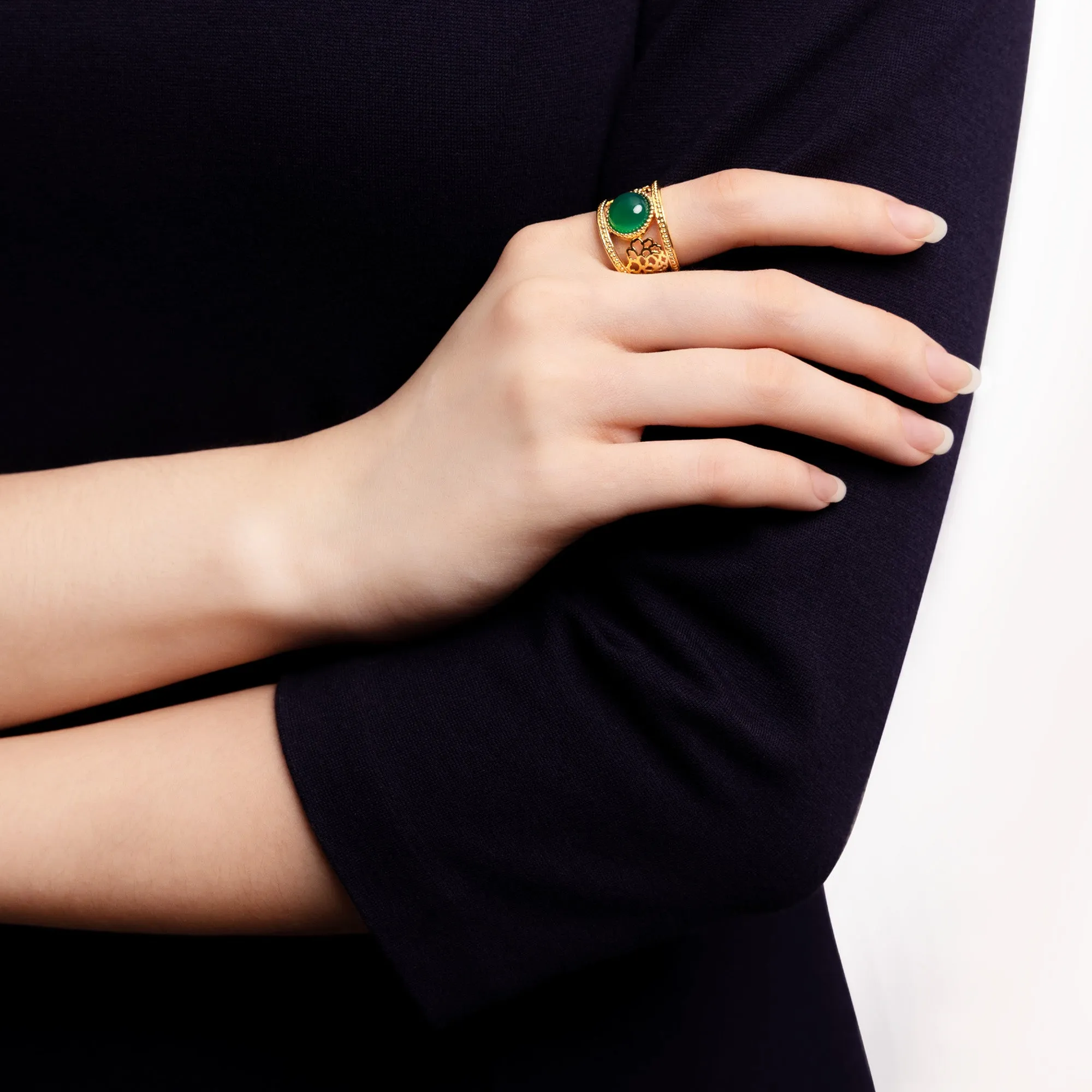 Golden Tang Peony Ring - Green