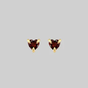 HEART & SOUL. Garnet Heart Stud Earrings - Gold