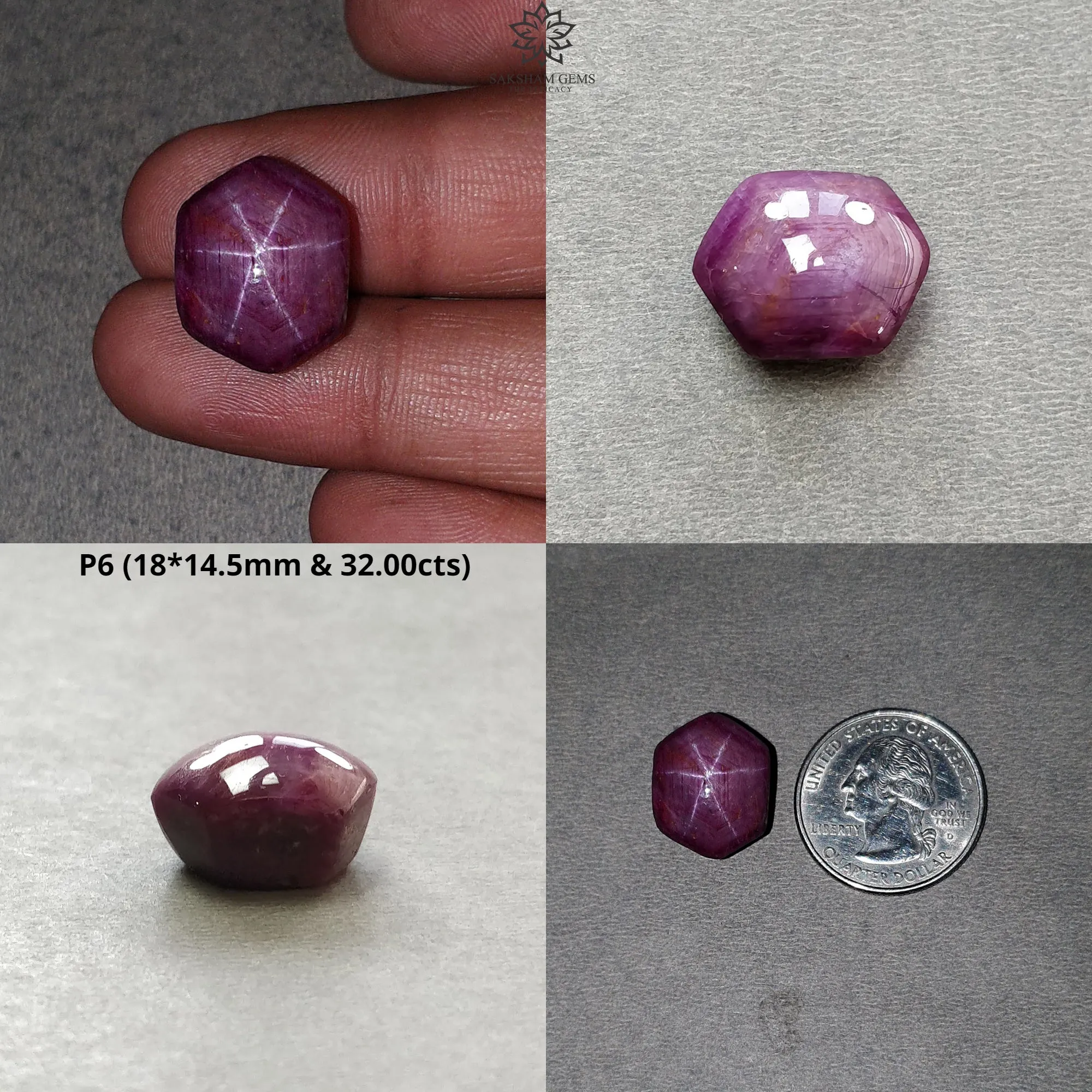 Johnson Star Ruby Gemstone Cabochon : 16cts - 32cts Natural Untreated Unheated Red 6Ray Star Ruby Hexagon Shape