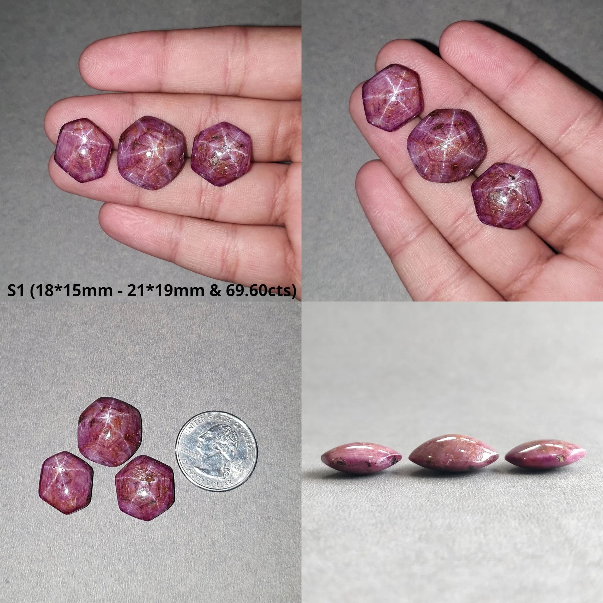 Johnson Star Ruby Gemstone Cabochon : 69cts - 88cts Natural Untreated Unheated Both Side 6Ray Star Ruby Hexagon Shape 3Pcs Sets