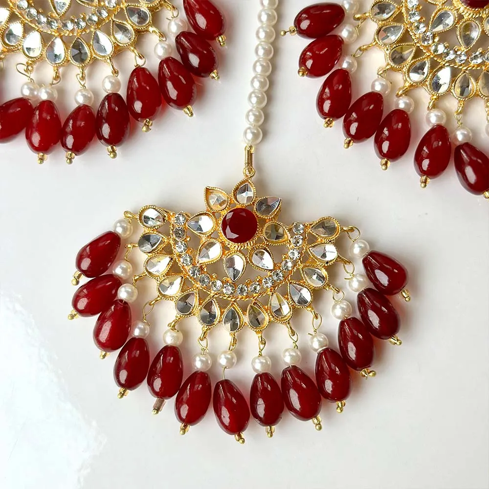 Minaahil Golden (Maroon) Earrings/Teeka set