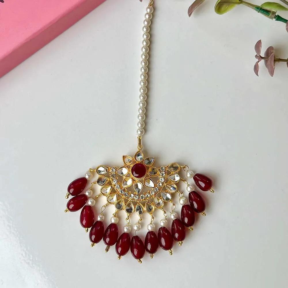 Minaahil Golden (Maroon) Earrings/Teeka set