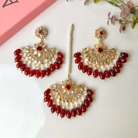 Minaahil Golden (Maroon) Earrings/Teeka set