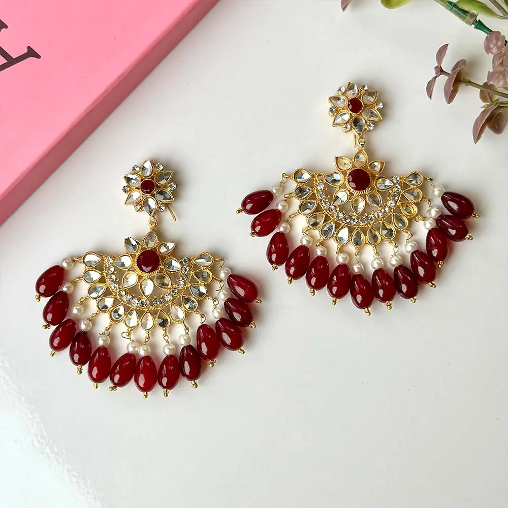 Minaahil Golden (Maroon) Earrings/Teeka set