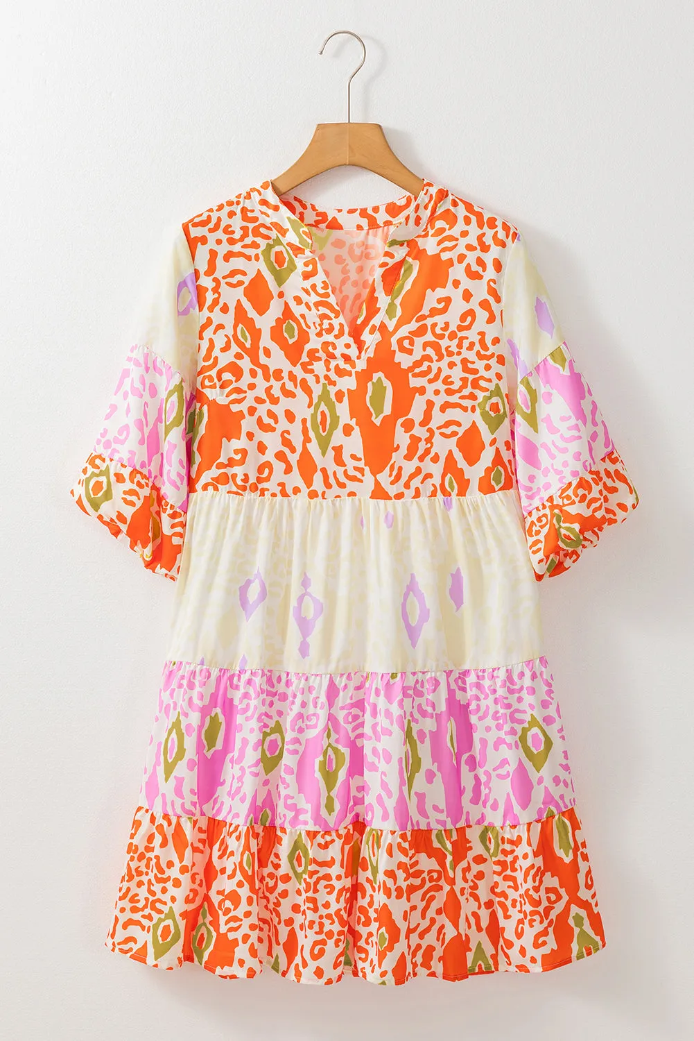 Multicolour Boho Mixed Print Half Bubble Sleeve Tiered Dress