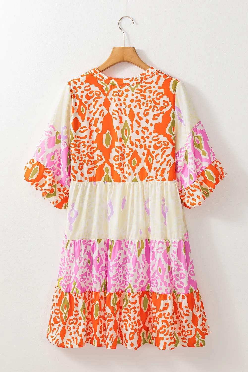 Multicolour Boho Mixed Print Half Bubble Sleeve Tiered Dress