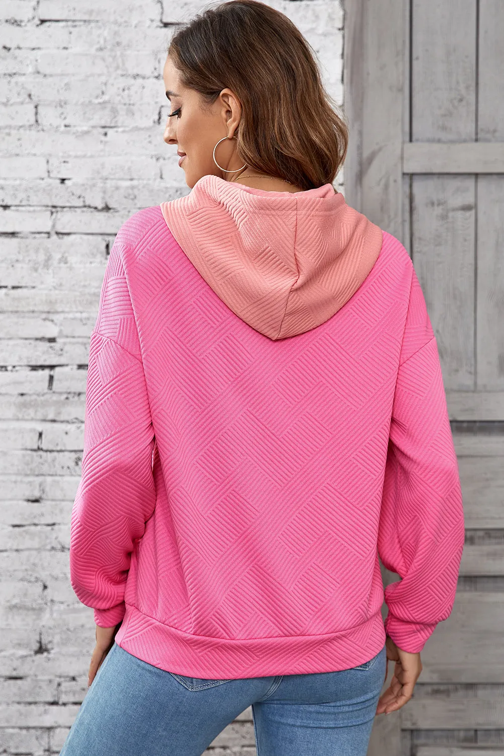 Pink Textured Color Block Kangaroo Pocket Drop Shoulder Hoodie