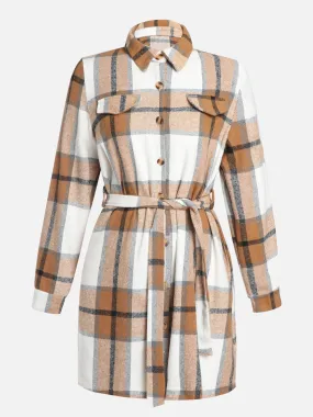 Plaid Strapped Woolen Coat Dress (Canvass Brown)