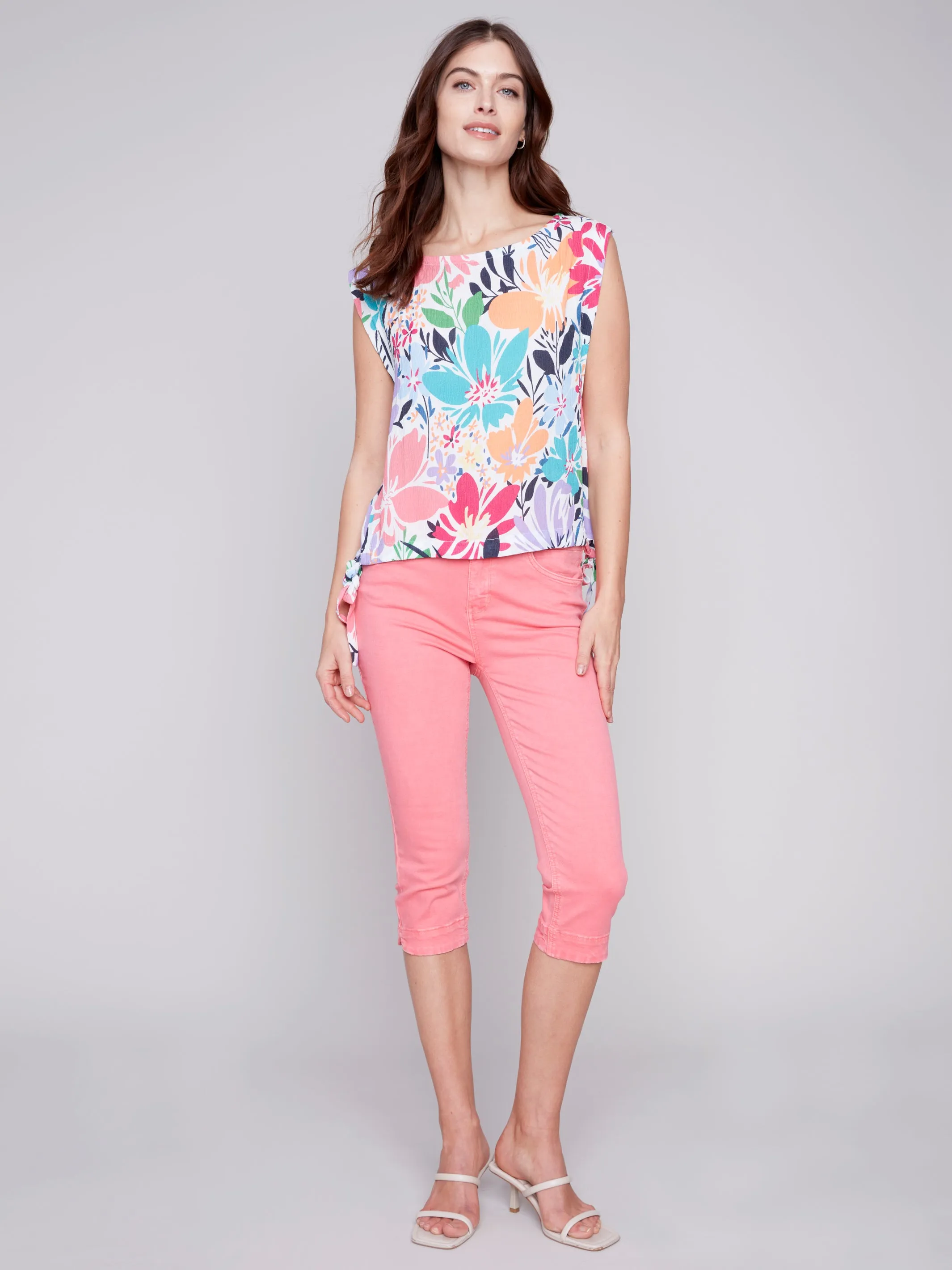 Printed Sleeveless Blouse with Side Ties