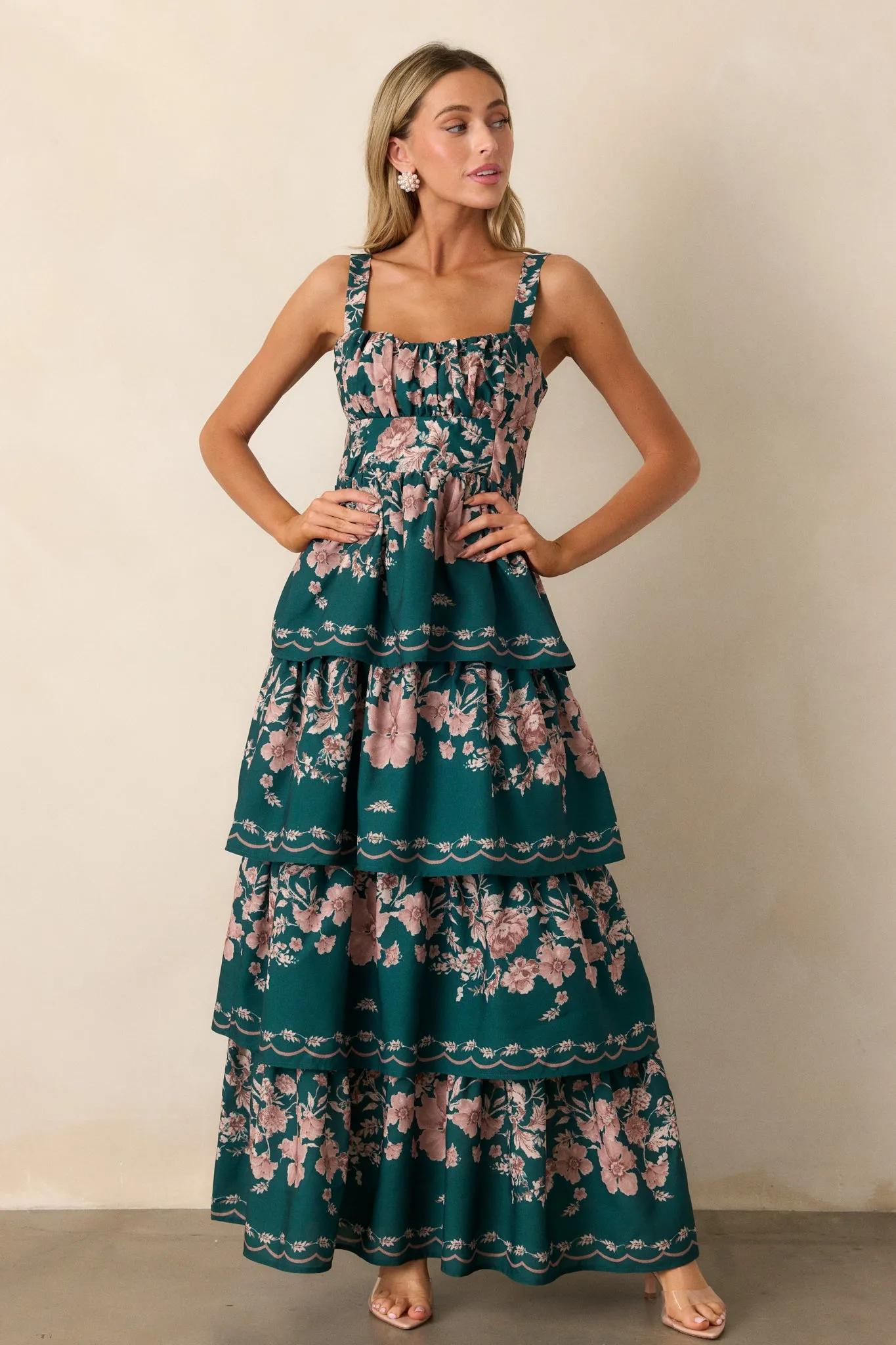 Sweet Reminiscence Forest Green Floral Tiered Maxi Dress