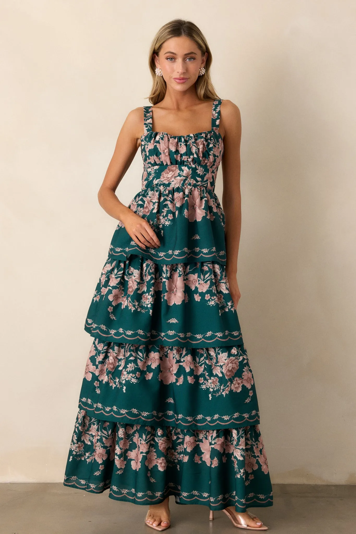 Sweet Reminiscence Forest Green Floral Tiered Maxi Dress