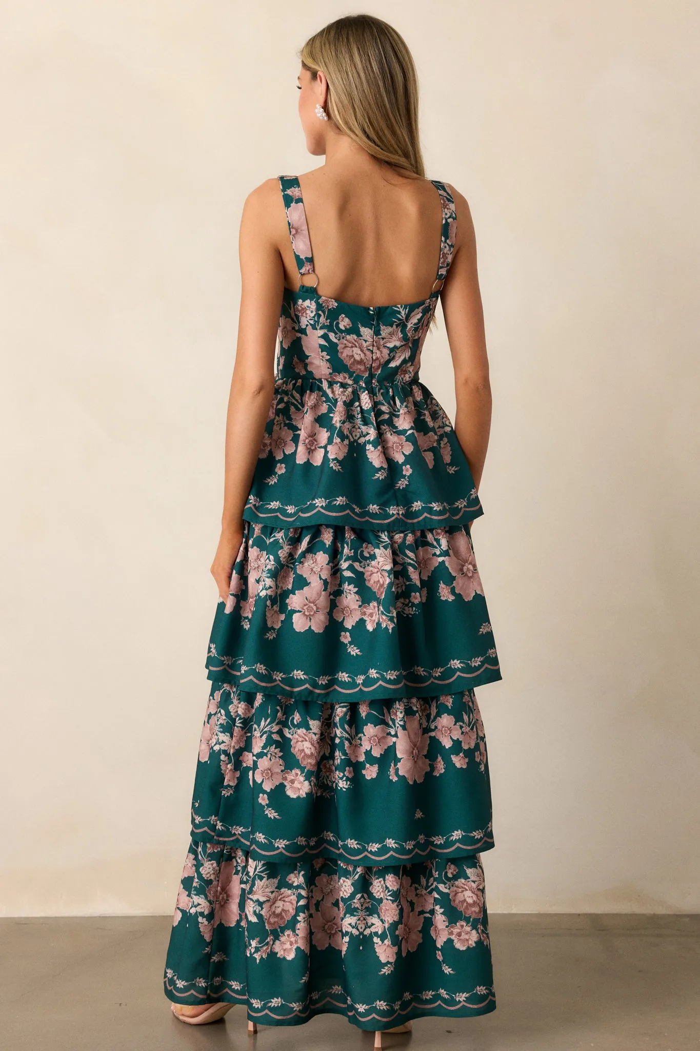 Sweet Reminiscence Forest Green Floral Tiered Maxi Dress