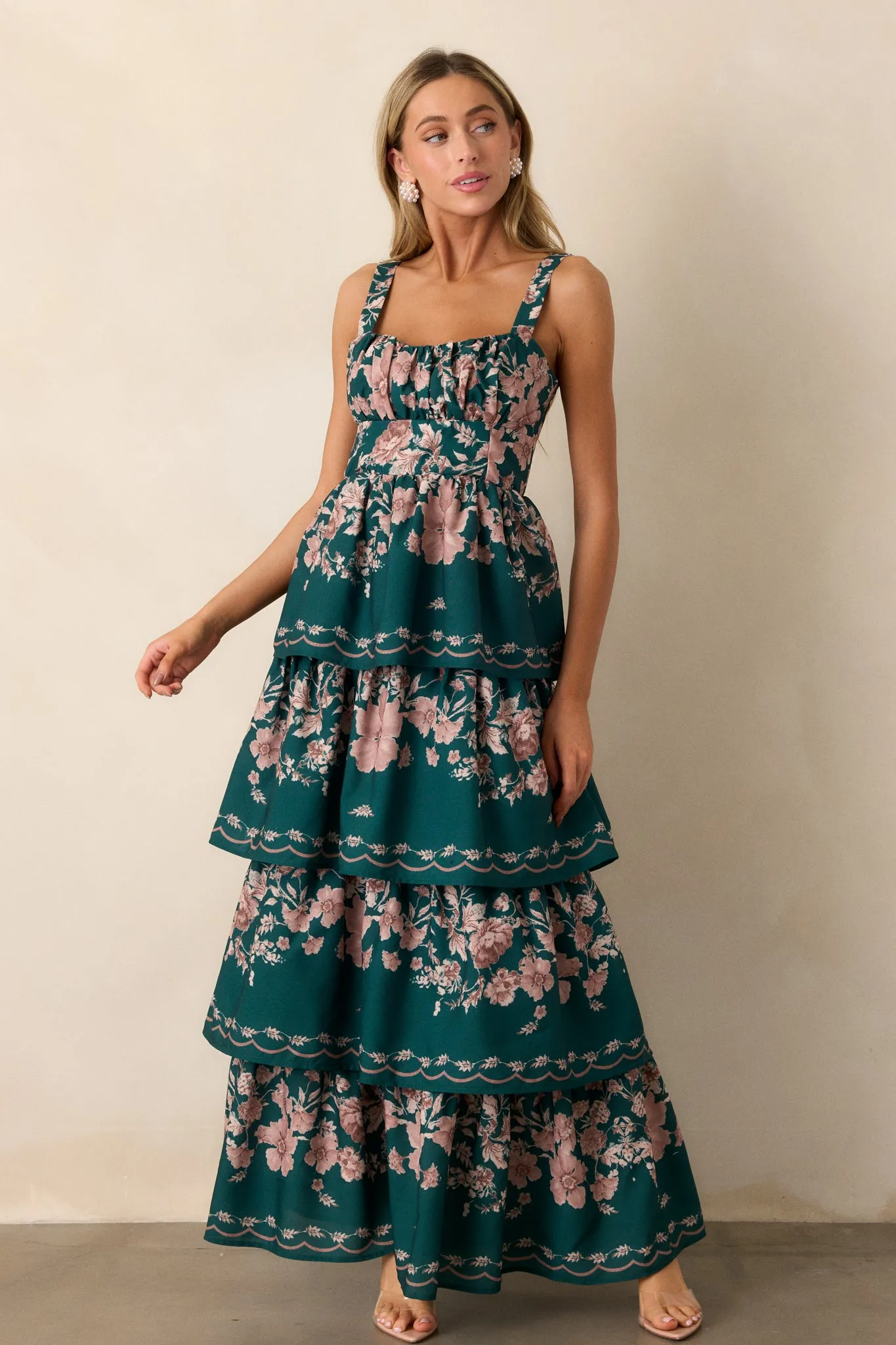 Sweet Reminiscence Forest Green Floral Tiered Maxi Dress