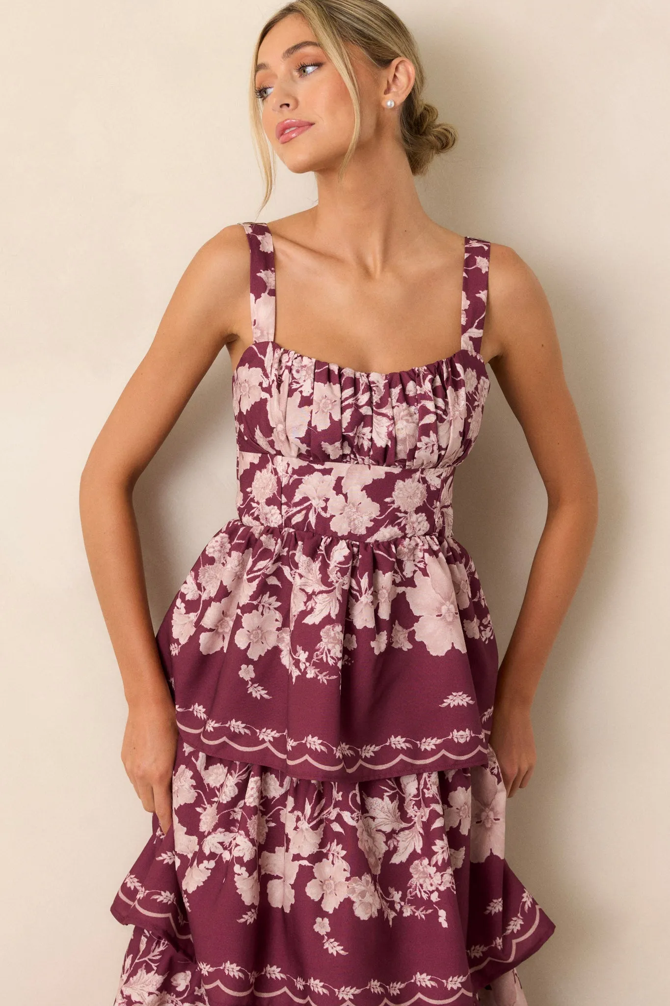 Sweet Reminiscence Wine Floral Tiered Maxi Dress