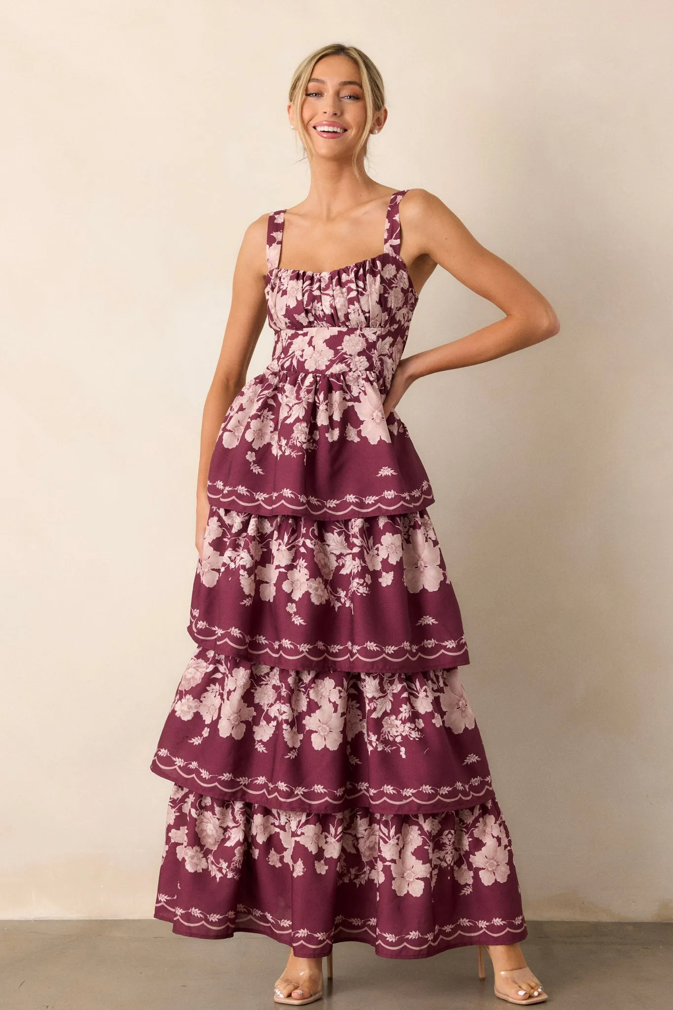 Sweet Reminiscence Wine Floral Tiered Maxi Dress